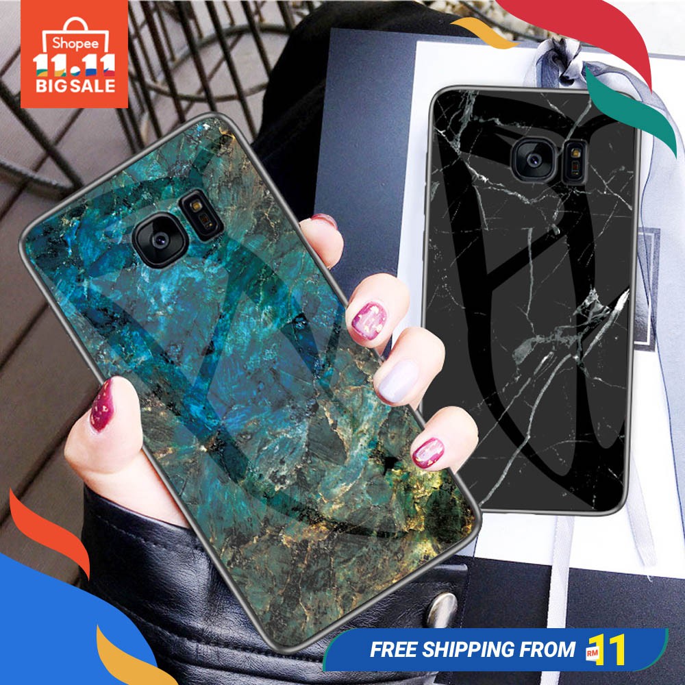 Ốp Điện Thoại Mặt Kính Họa Tiết Vân Đá Cho Samsung Galaxy S7 Edge J5 J7 Prime 2 Pro A6 J7 + J7 Plus 2018