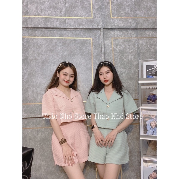 Sét xốp hồng áo vest lửng short lưng sau thun