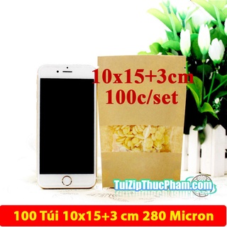 100 cái túi zip giấy kraft vàng size 10x15 cm cửa sổ tràn viền đựng 70g bột mịn, phủ CPP chống nước đựng thực phẩm