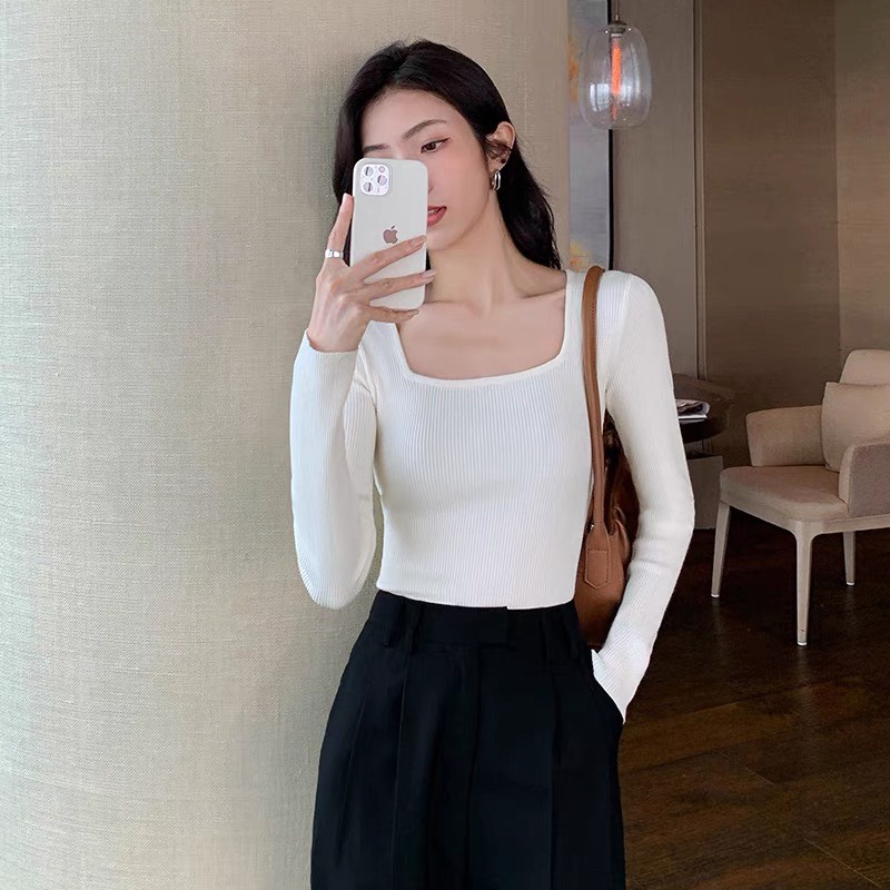 Áo Croptop Tay Dài Cổ Vuông Áo Thun Dài Tay Cổ Vuông