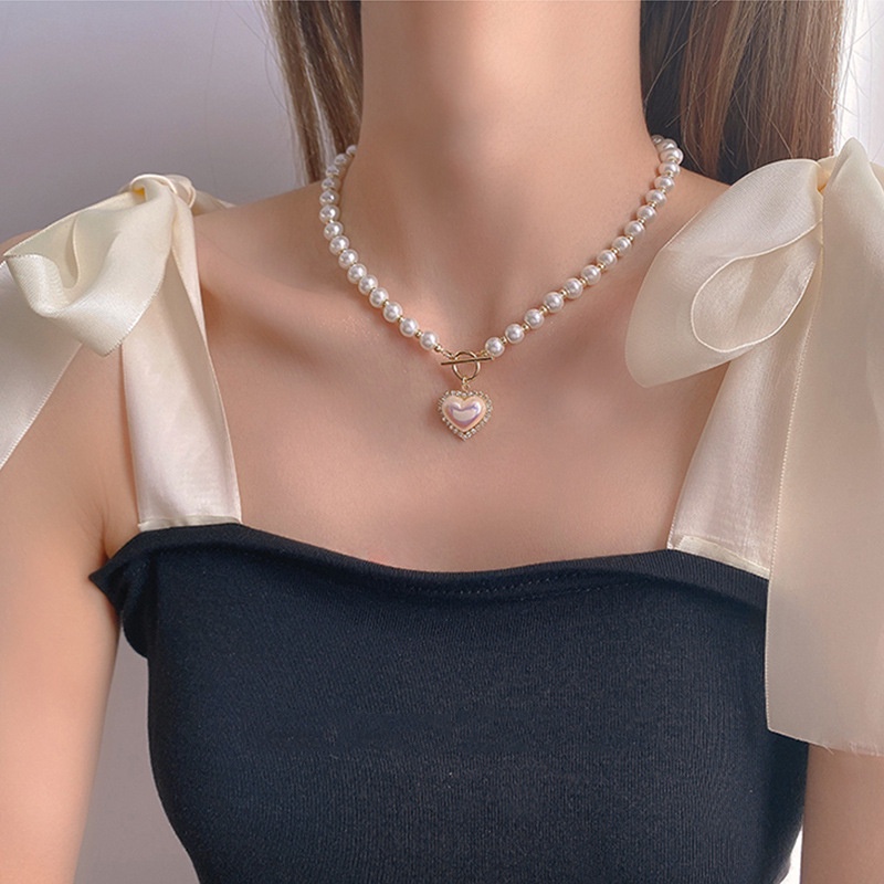 Vòng cổ Mặt Trái Tim Đính Ngọc Trai Thời Trang Cho Nữ OUYOU