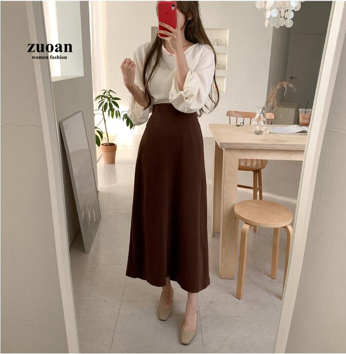 Chân váy dài SUXI lưng cao màu trơn phong cách Hàn Quốc cho nữ