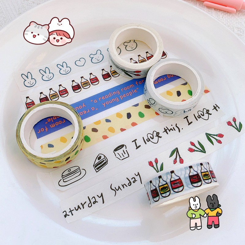 Washi tape cute hình vẽ, chữ viết dễ thương, băng keo giấy nhiều họa tiết màu sắc trang trí sổ tay, dụng cụ học tập