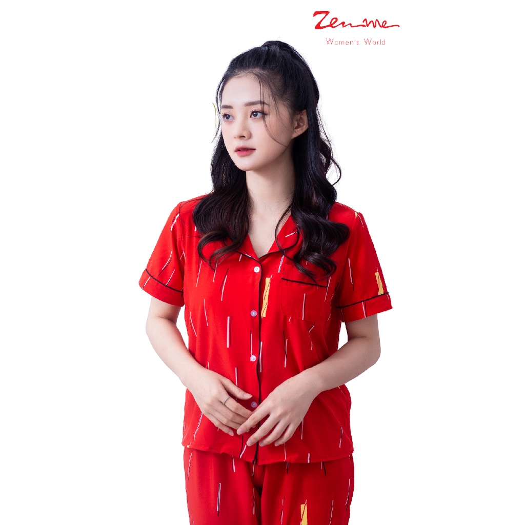 Đồ pijama nữ Zen Me bộ đồ ngủ mặc nhà tay cộc quần dài chất liệu Lụa giấy Luxury cao cấp họa tiết hiện đại PJD0721