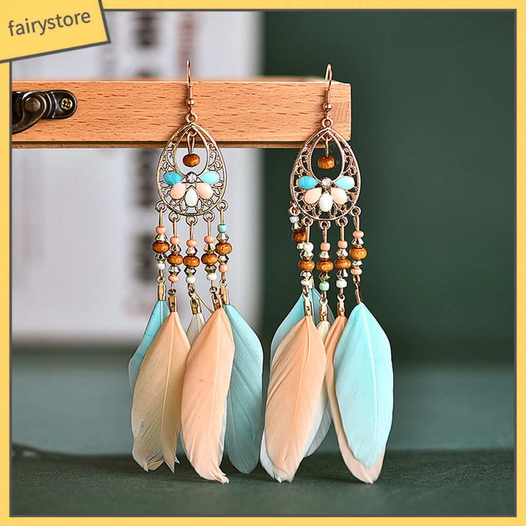 1 Đôi Bông Tai Dáng Dài Phối Lông Vũ Phong Cách Bohemian Thời Trang