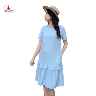 Đầm Nữ NHẬT VY Phối Bèo Tay Ngắn Cổ Tròn Chất Lụa Xước Công Sở Dáng Suông Đuôi Cá Màu Xanh, Đen, Trắng - D2092