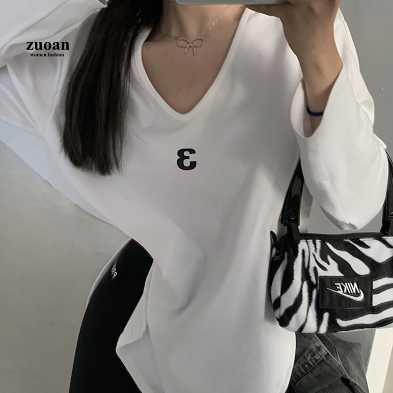 SUXI Áo Thun Cotton Màu Trắng Tay Dài In Họa Tiết Số Thời Trang Cho Nữ