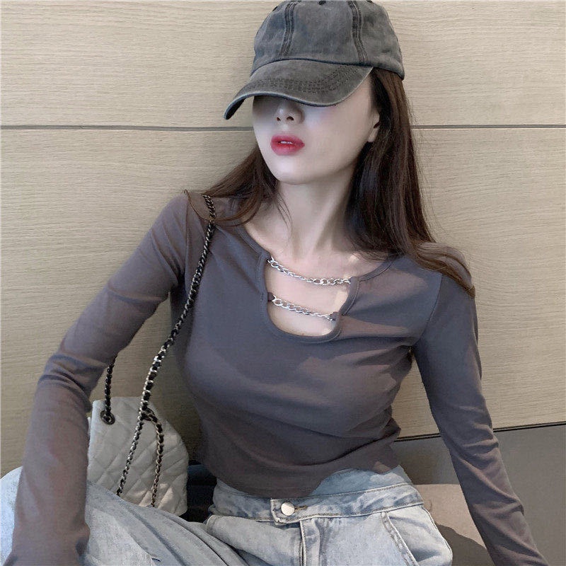 Women's 95 Cotton Short Chain Long-Sleeved T-shirt 2022 Inner Fit Sexy Top Insfashion