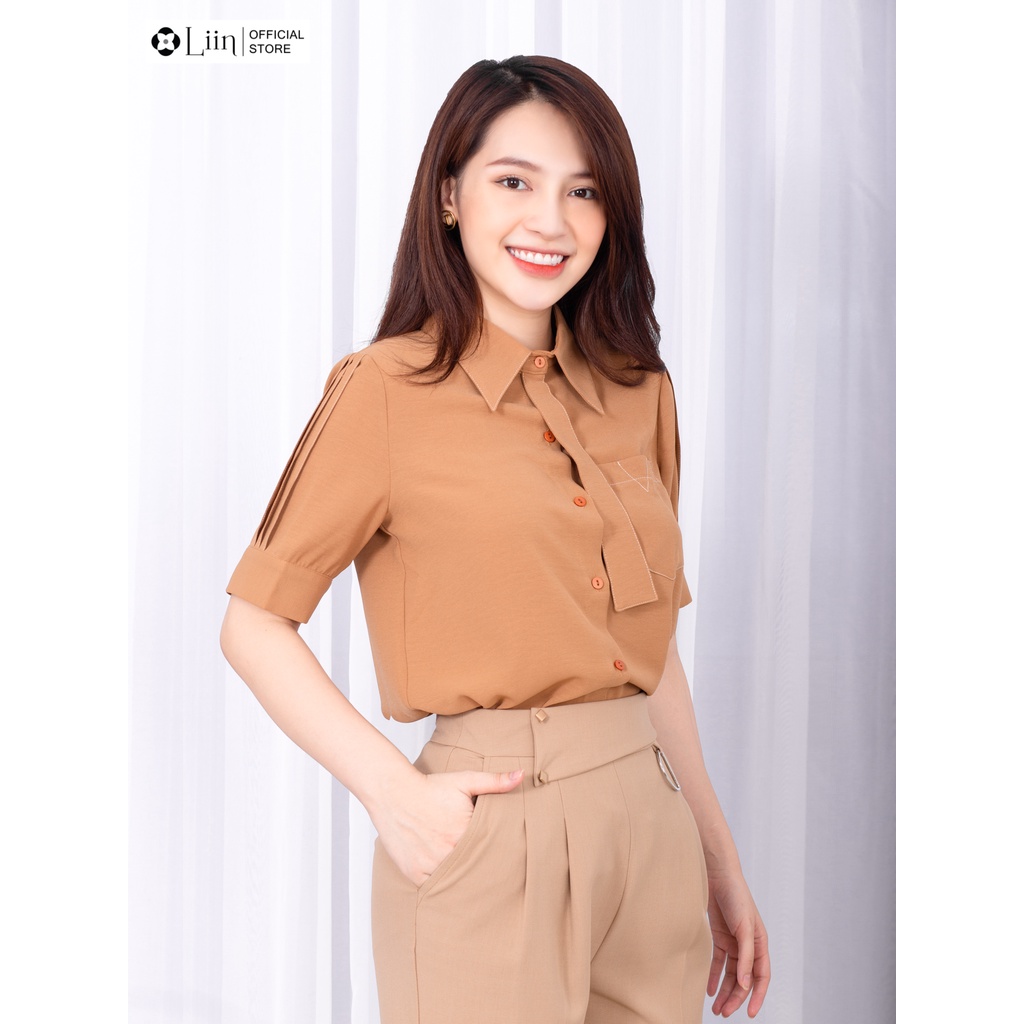 Áo sơ mi Linbi Cộc tay màu Nâu thiết kế kèm Cavat trẻ trung, hiện đại liin clothing SM3561