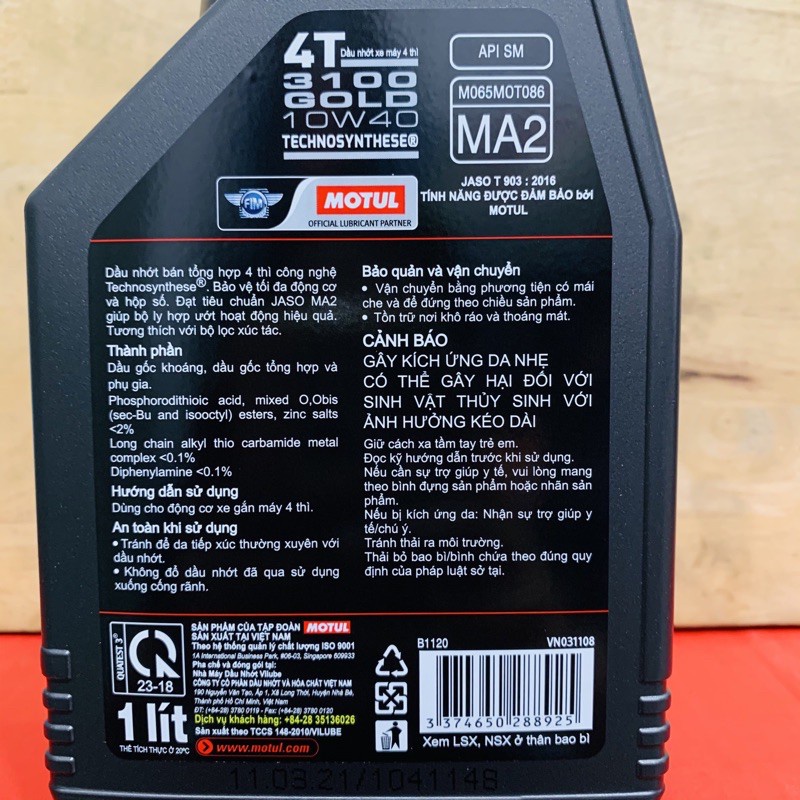 ◐Nhớt Tổng Hợp Xe Số -  Tay Côn MOTUL 3100 GOLD 4T 10W-40 800ML 1 Lit Sản Phẩm Của Việt Nam