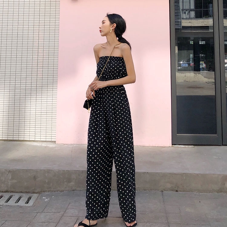 Jumpsuit Lưng Cao Ống Rộng Họa Tiết Chấm Bi Phong Cách Retro