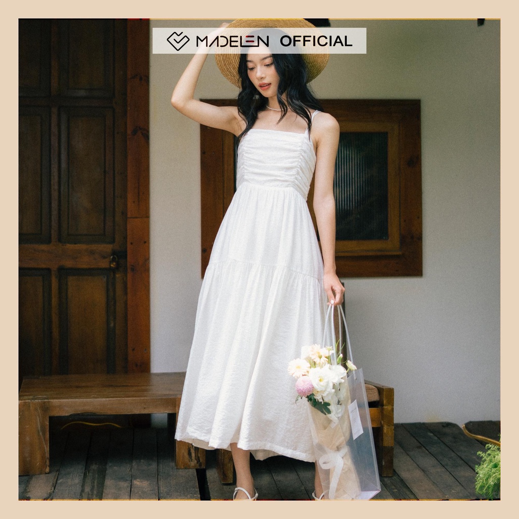 Váy 2 dây dáng dài nữ nhún ngực trắng MADELEN
