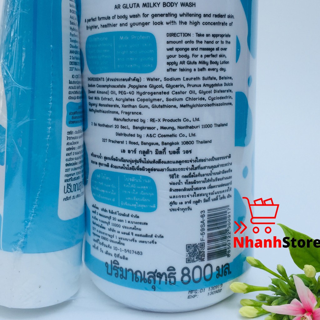 Sữa tắm và sữa rửa mặt Gluta Milky 800ml Thái Lan