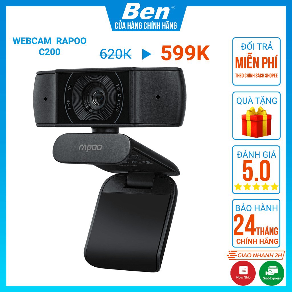 Webcam Rapoo C200 HD 720P - [Chính hãng] Tích hợp mic chung cổng USB, 2 mic lọc ồn, Góc quay rộng - bảo hành 12 tháng