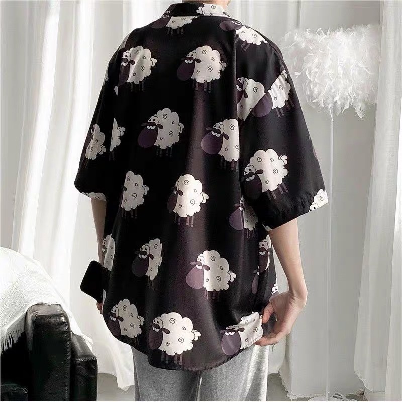 Áo sơ mi tay ngắn nam nữ chất lụa hoạ tiết hoạt hình phong cách ulzzang Hàn Quốc SIB083