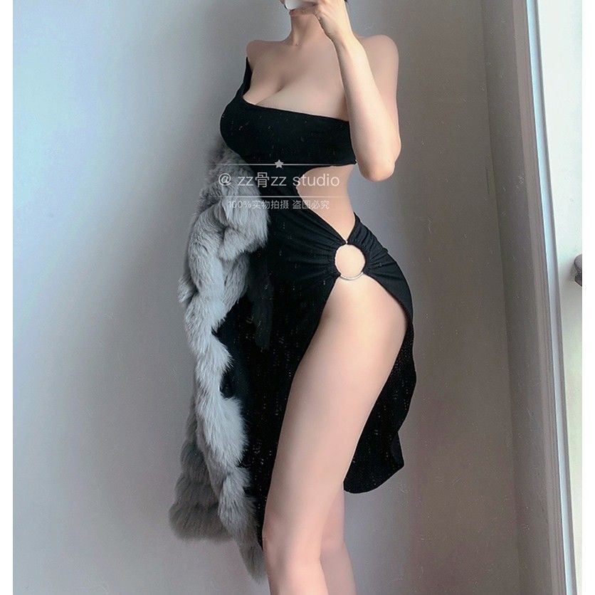 Summer new sexy waist hollow low-cut split beach resort nightclub strapless dress kvfH