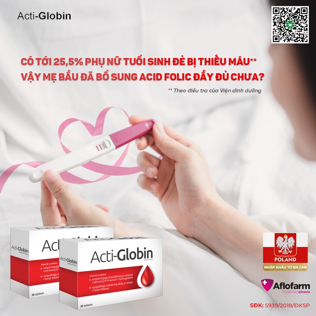 Viên Uống Bổ Sung Sắt Acti-Globin AFLOFARM Cho Bà Bầu, Phòng Thiếu Máu Thiếu Sắt Hộp 30 Viên