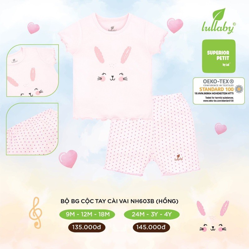 Bộ quần áo cộc tay bé gái mùa hè Lullaby chất liệu petit Raglan NH603B