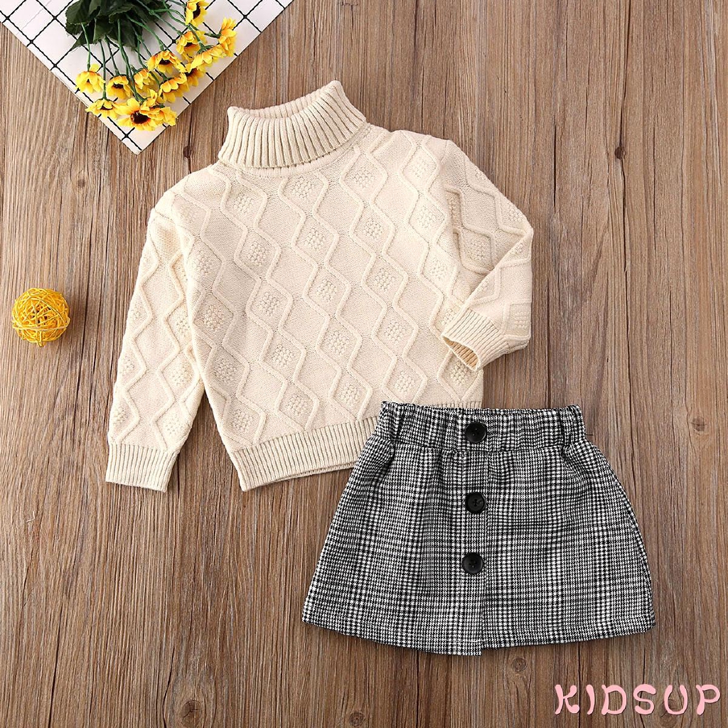 Bộ Áo Sweater Cổ Lọ + Chân Váy Mini 2 Món Thời Trang Mùa Đông Cho Bé Gái