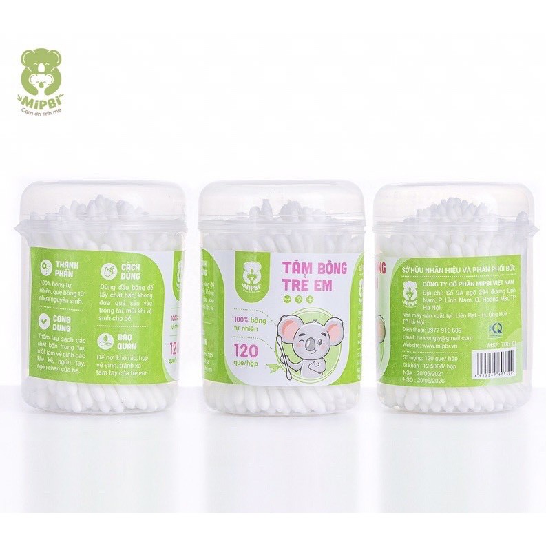 Tăm Bông Kháng Khuẩn Mipbi Cho Bé (hộp 180 que)