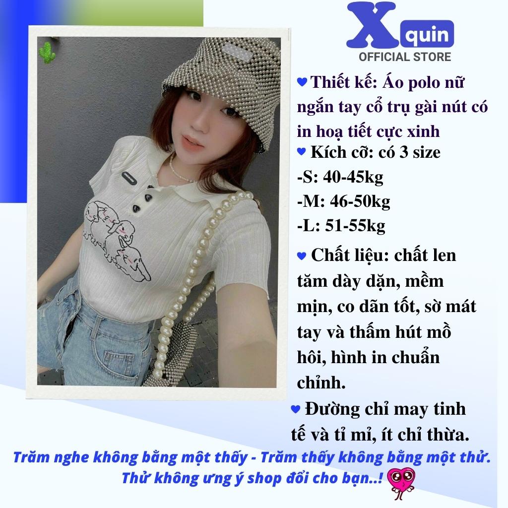 Áo polo nữ tay ngắn in hoạ tiết cún siêu xinh Xquin, Áo croptop nữ cổ trụ gài nút chất len tăm mềm mịn