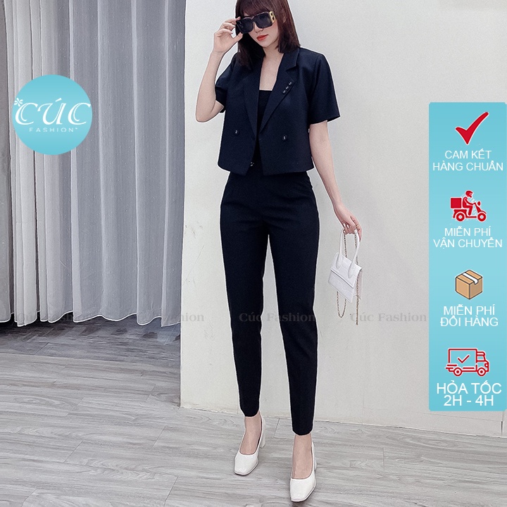 Bộ vest nữ CÚC FASHION bộ đồ thời trang Hàn Quốc áo croptop đẹp mic quần baggy đen trắng set vest cổ 3 cúc SV101