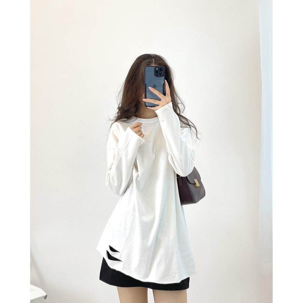 Áo thun dài tay trắng trơn rách gấu áo Ulzzang