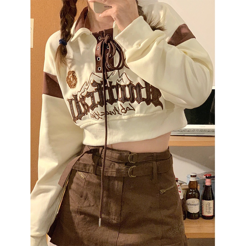 Áo Sweater Lông Ngắn Hở Rốn Thêu Chữ Phong Cách Đường Phố Gia Vị Chiên Retro Mỹ Dành Cho Bạn Nữ