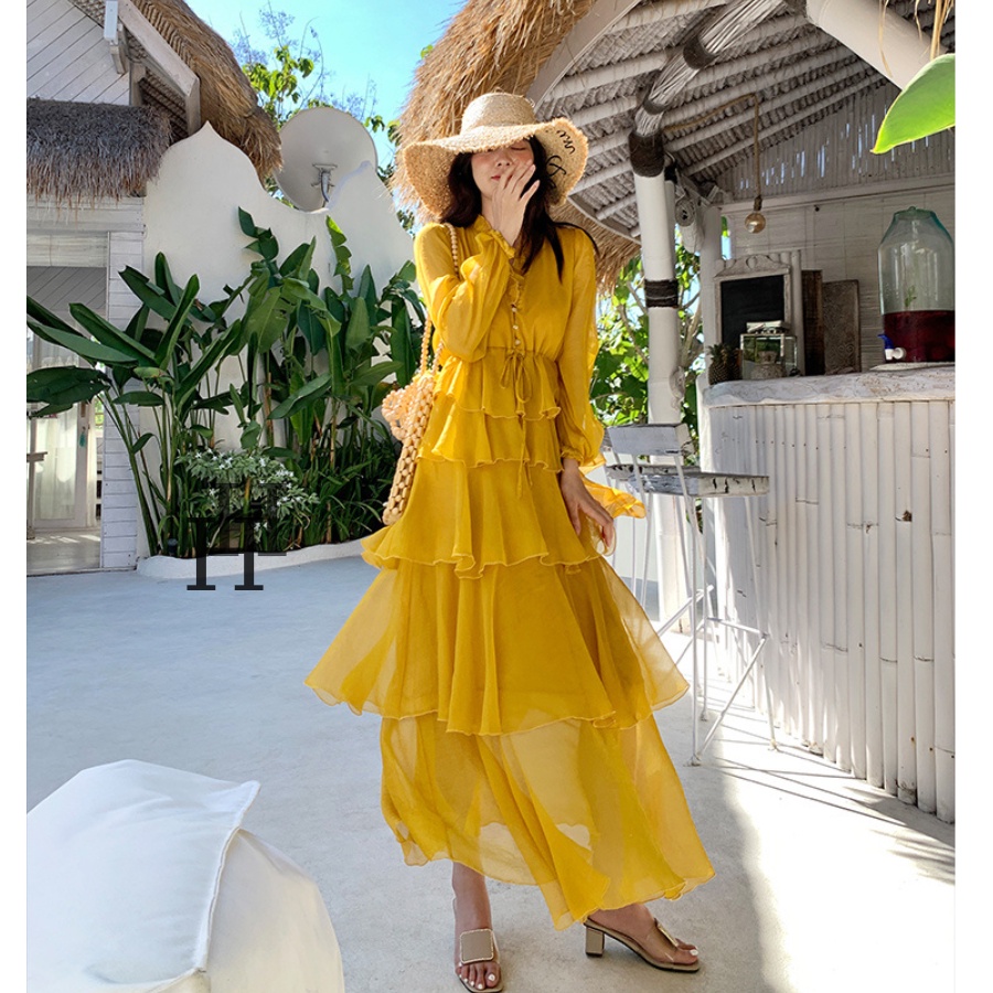 Đầm maxi voan tầng tay dài, váy đi biển màu vàng HDC29 Hỉn Hỉn Store