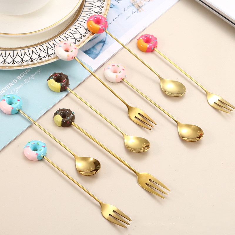 Bộ Muỗng Nĩa Hình Bánh Donut Bằng Thép Không Gỉ Độc Đáo