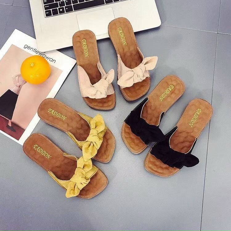 Dép Nữ quai mềm có nơ 3 màu Vàng Hồng Nhạt Đen cực đẹp hàng trung