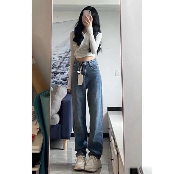 Quần jeans suông cạp cao xanh đậm