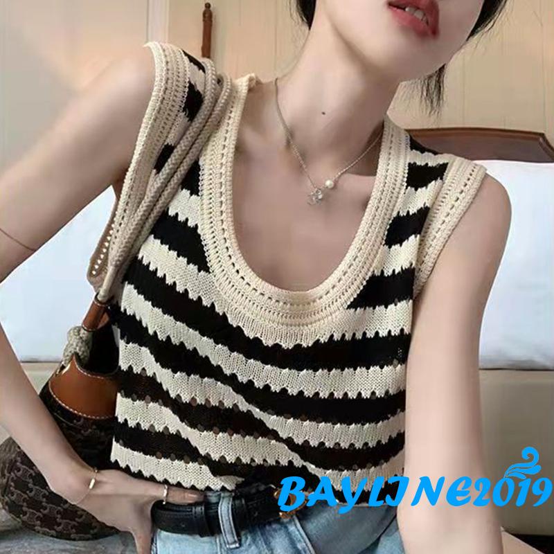 Áo Thun Không Tay Họa Tiết Sọc Màu Sắc Tương Phản Thời Trang Cho Nữ