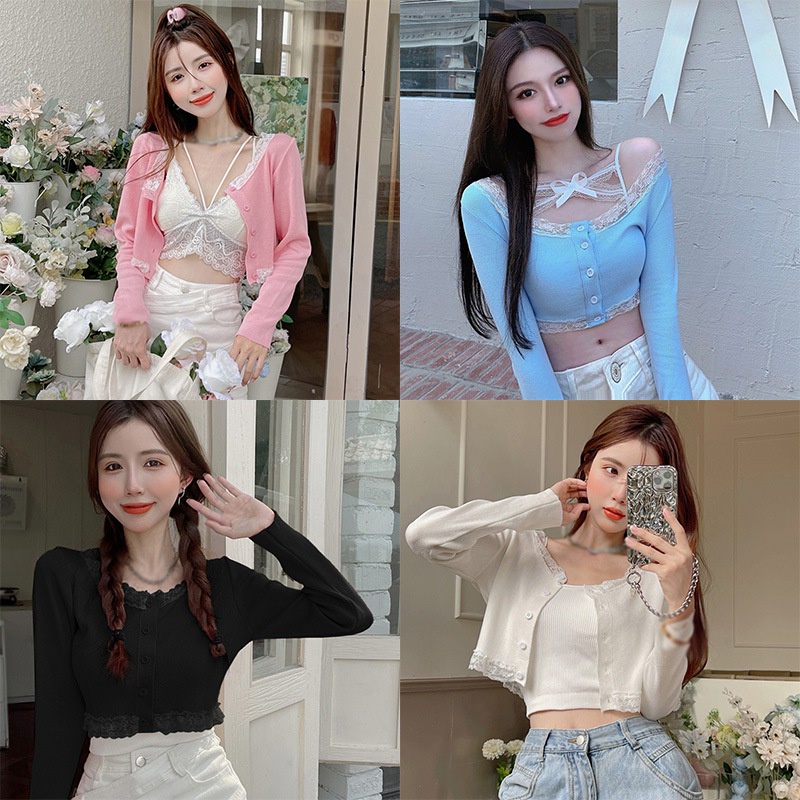 Korean Round Neck Lace Stitching Long Sleeve Knitted Cardigan Top Women Slim Casual Sweet Navel Exposed Long Sleeve Knitted Cardigan Tops