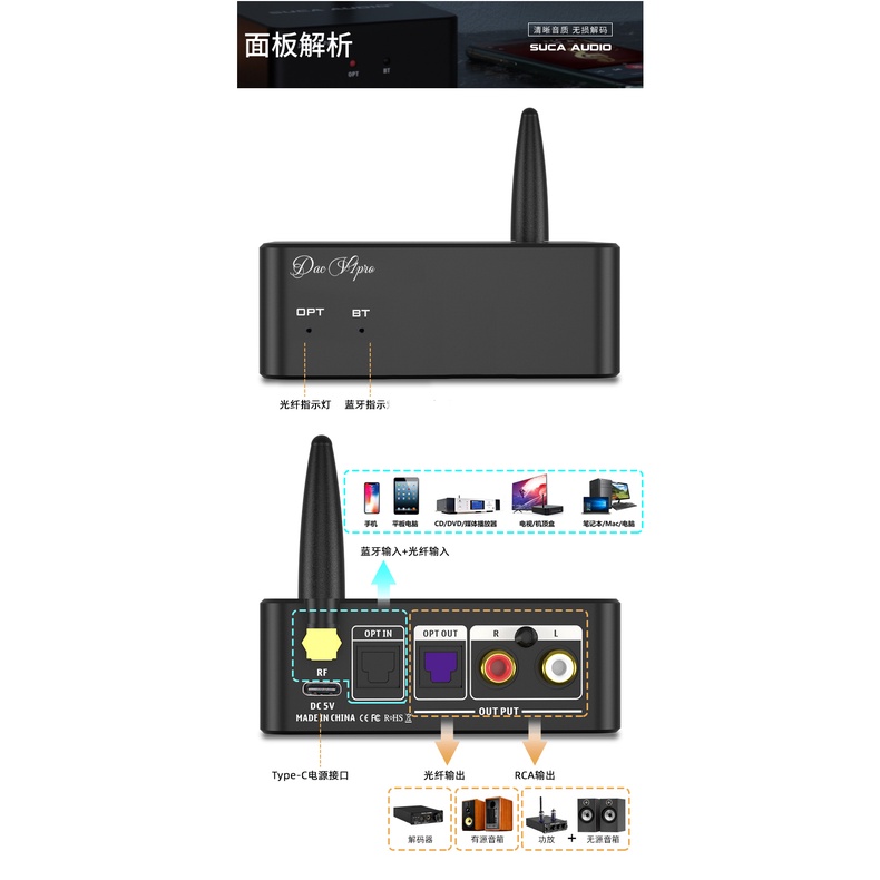 Giải Mã DAC Bluetooth SUCA V1 Pro Ver2 – Hỗ Trợ 5.0/LDAC- Tặng ngay dây quang Liton USA