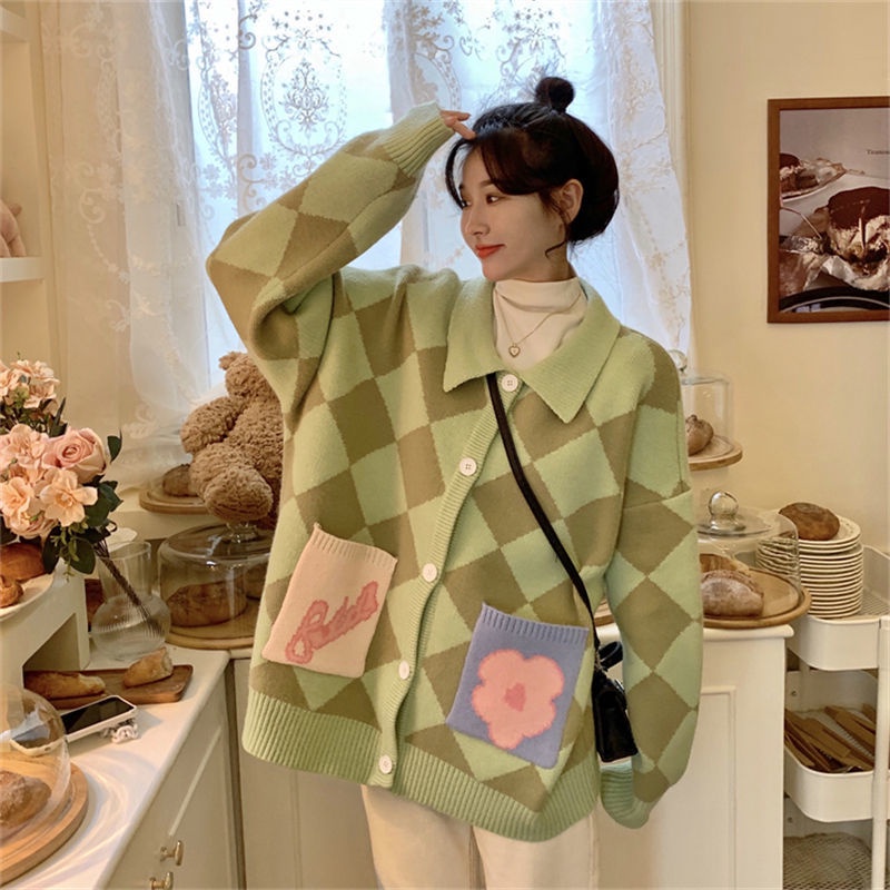 Áo khoác cardigan tay dài dáng rộng họa tiết hình thoi bắt mắt