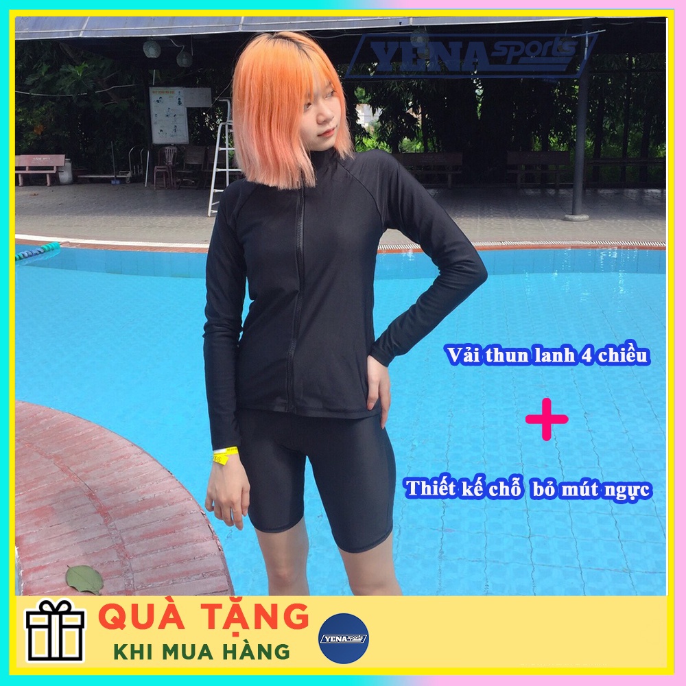 Đồ bơi nữ 2 mảnh tay dài quần lửng kín đáo đi biển đi bơi bikini thun lạnh dây kéo che khuyết điểm | DBN006