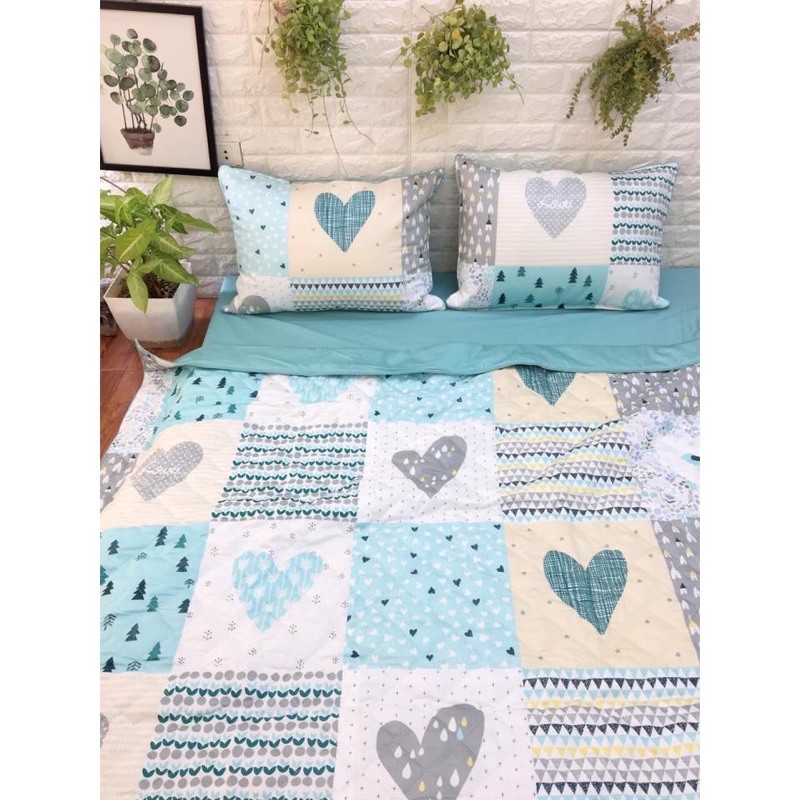Vải họa tiết trái tim xanh chất cotton lụa Hàn Quốc may ga drap trải giường, may gối kiểu dễ thương
