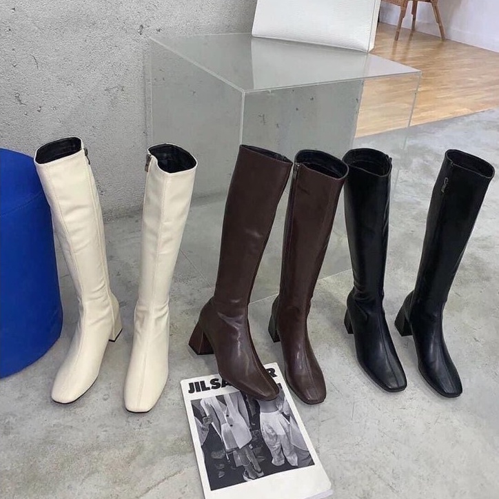 Bốt nữ đùi da lì thời trang công sở,Bốt đùi nữ khoá cạnh khoá sau mũi vuông gót vuông cao cấp 5-6 ph