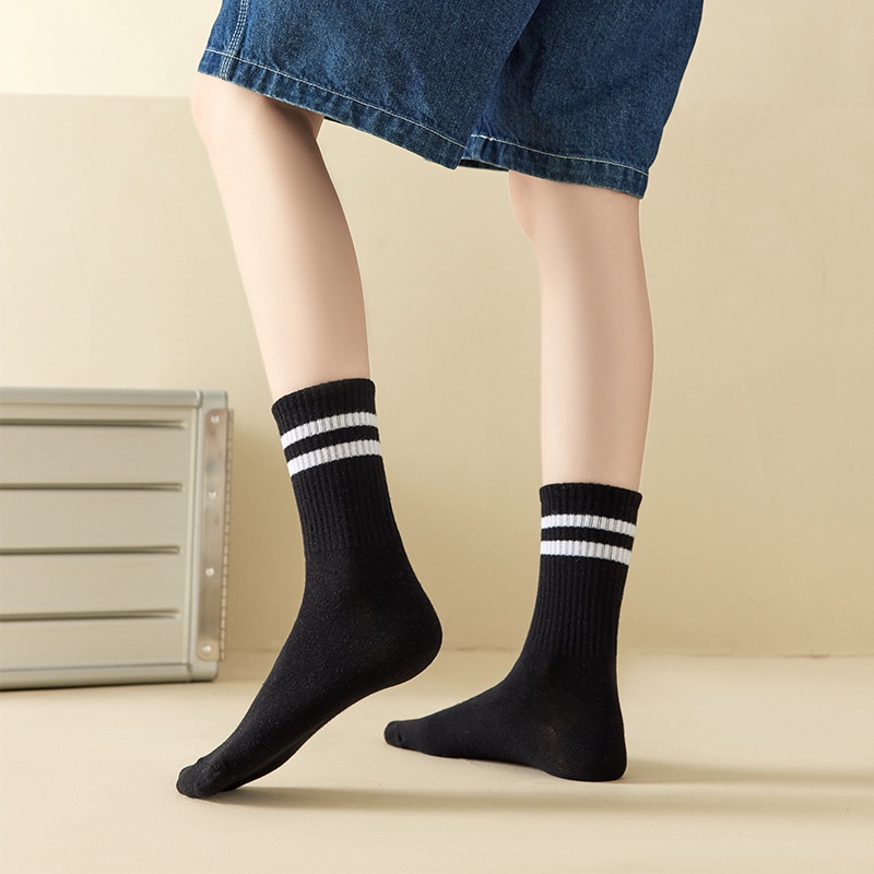 FINETOO Vớ Cotton Dệt Kim Kẻ Sọc Trắng Đen Phong Cách Harajuku Đường Phố Cho Cặp Đôi