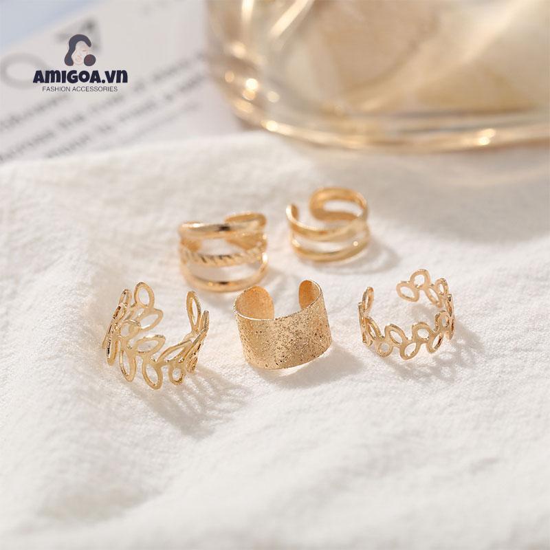 【amigoa.vn】Bộ Khuyên Tai Kẹp Vành Tai Không Cần Xỏ Lỗ Nhiều Lớp Hình Lá Rỗng Nhiều Lớp