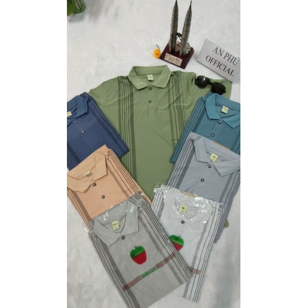 AP26 Áo thun trung niên cotton táo sọc có cổ tay ngắn vải mềm mát thấm hút mồ hôi