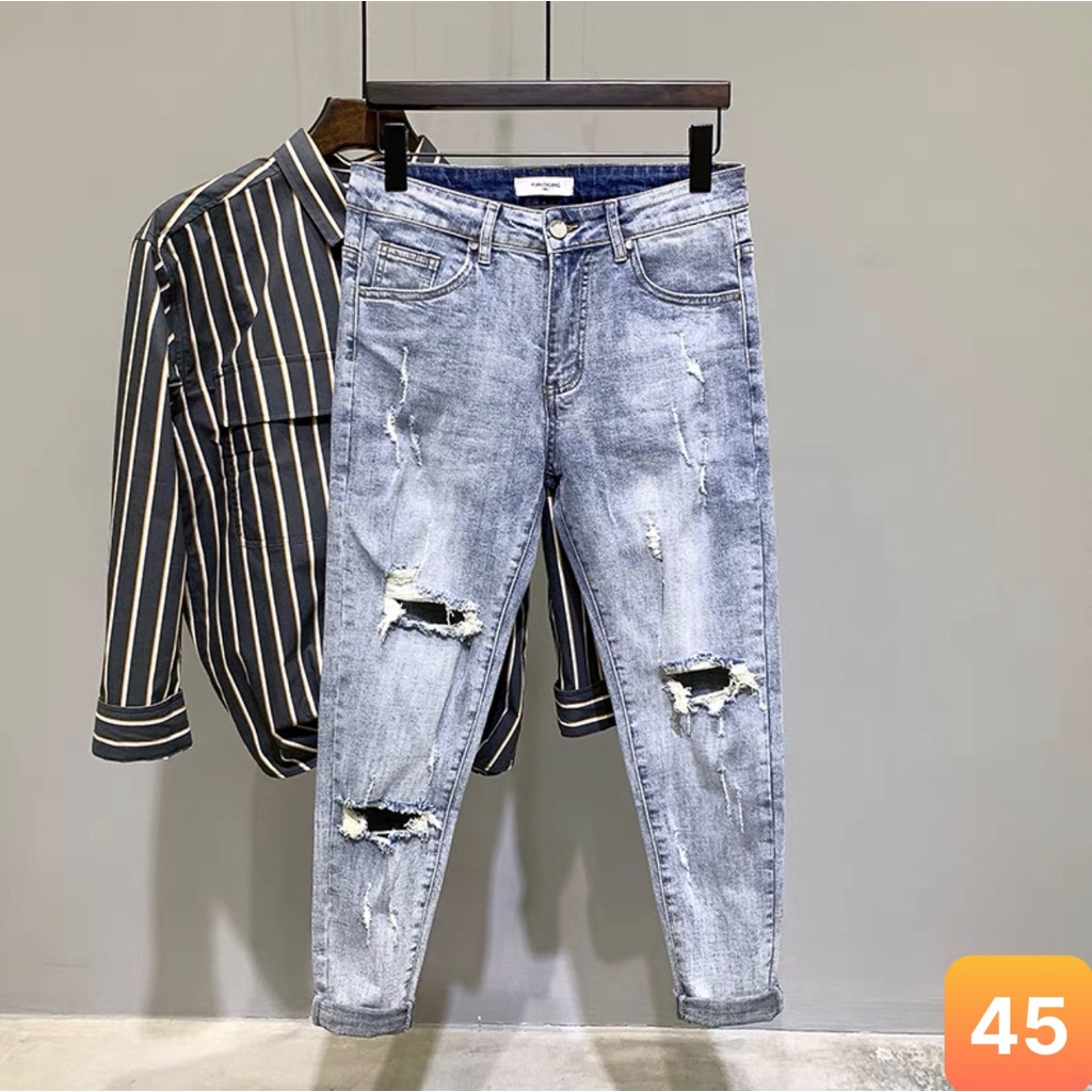 Quần jeans nam màu xanh nhạt rách gối chất liệu bò jean cao cấp co dãn 4 chiều đẹp form rin skinny LAVADO88 mẫu mới