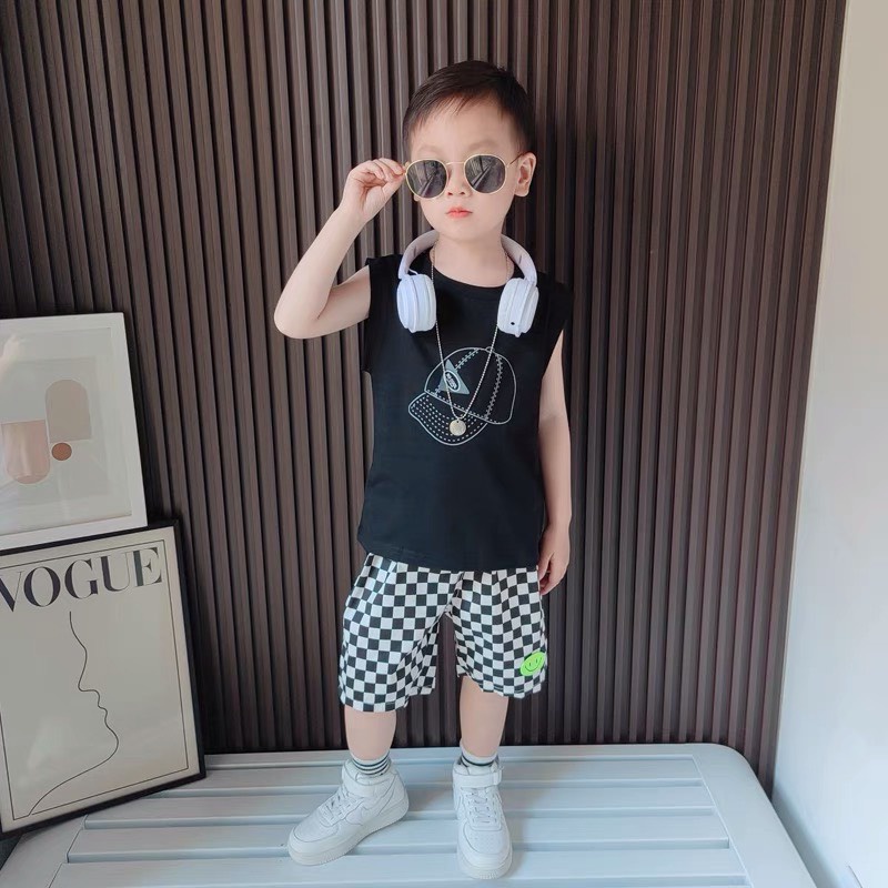 Bộ quần áo bé trai Con Xinh cotton sát nách hình in Nón COOL, thười trang mùa hè dành cho trẻ em từ 4 đến 10 tuổi