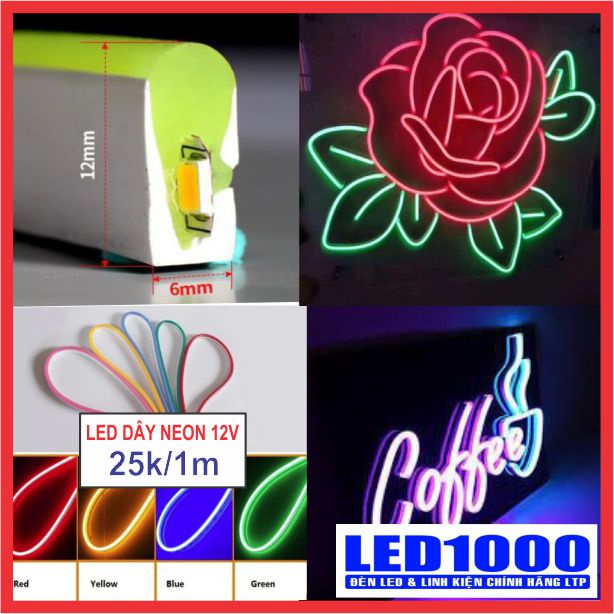 Led dây Neon 12V - Dây led neon 1m - Hàng CTY LTP - Đơn sắc đủ các màu (Trắng, Vàng, Đỏ, Lá, Dương, Hồng, Trắng ấm)