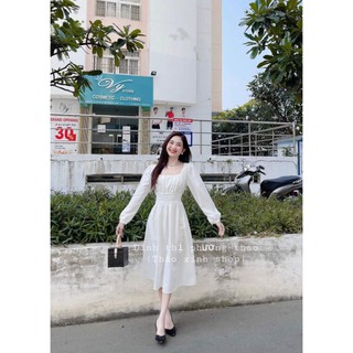 váy trắng dự tiệc xếp ly ngực thắt nơ eo