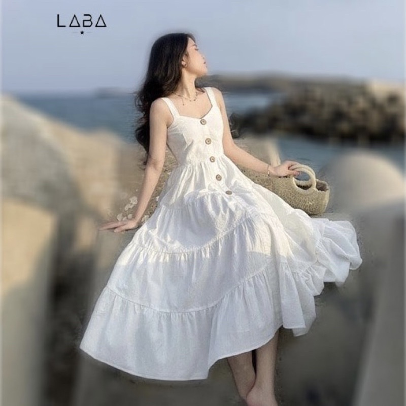 Đầm maxi đi biển dáng xòe khuy gỗ 2 mầu siêu xinh, váy maxi đi biển chất đũi đẹp mát