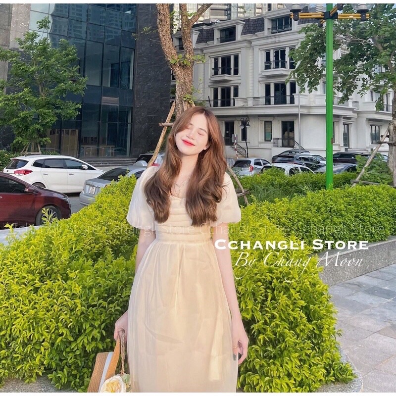 Đầm voan tơ xếp ly ngực cổ vuông tay bồng, Đầm dự tiệc dáng dài 2 lớp phong cách Hàn Quốc