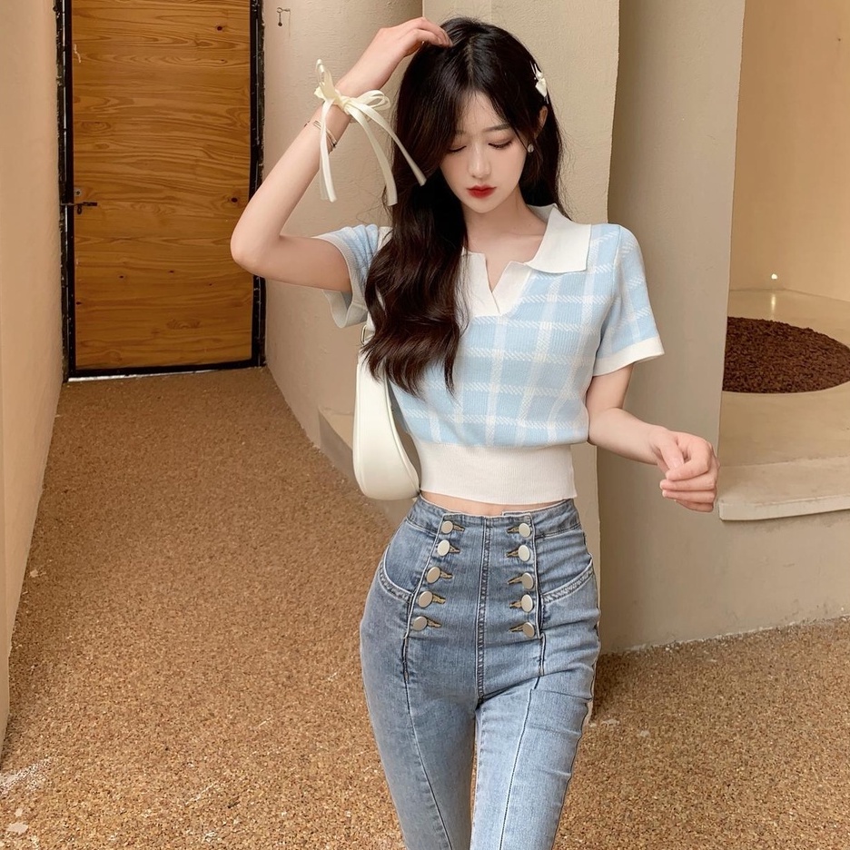 【Hana and Alice】Áo Thun POLO Dệt Kim Ngắn Tay Lưng Cao Gợi Cảm