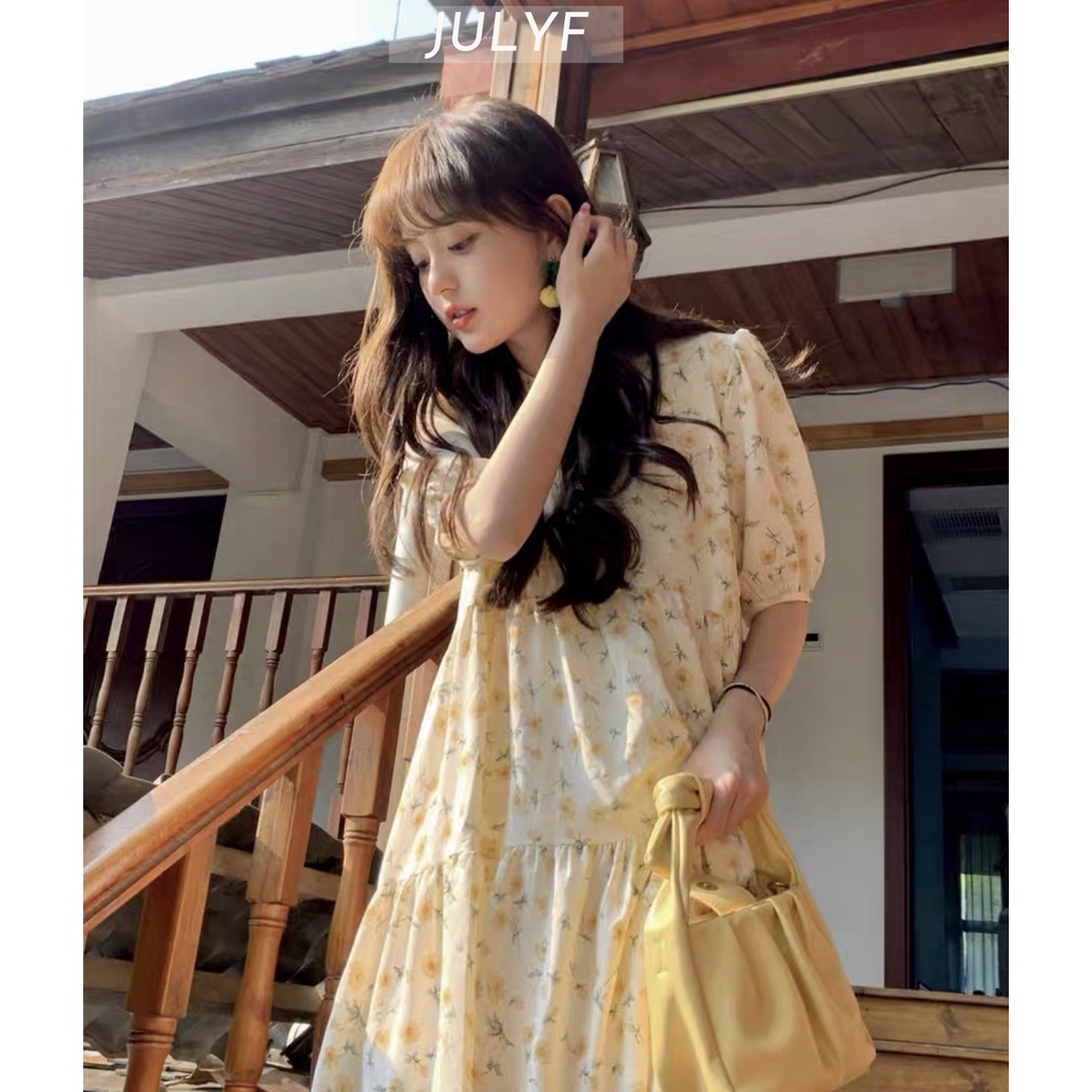 Váy tay lỡ nữ hoa nhí màu vàng và hồng JULYF - Đầm đi biển nhẹ nhàng retro, vintage học sinh hàn quốc đẹp ulzzang